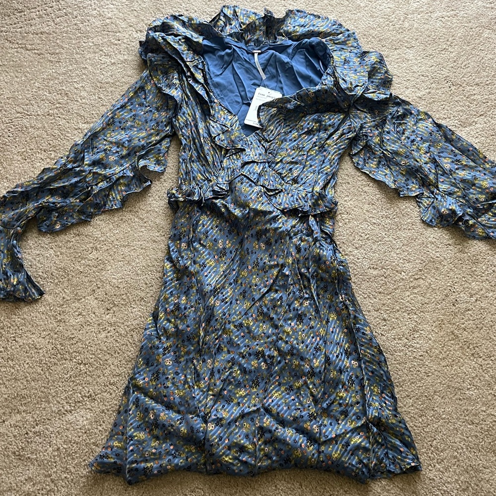 Free People Dainty Silky Floral Ruffled Mini Dress blue/multicolor Size 2